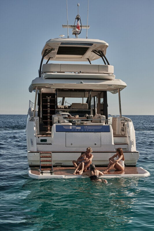 Sunset view from the Prestige F5.7’s aft deck, offering ultimate serenity.